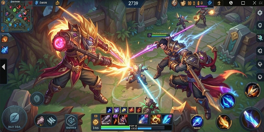 Screenshot menunjukkan aksi pertempuran seru dalam game MOBA.