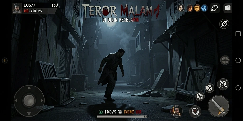 Tampilan layar gameplay EOS77 menampilkan suasana mencekam dan karakter menakutkan.
