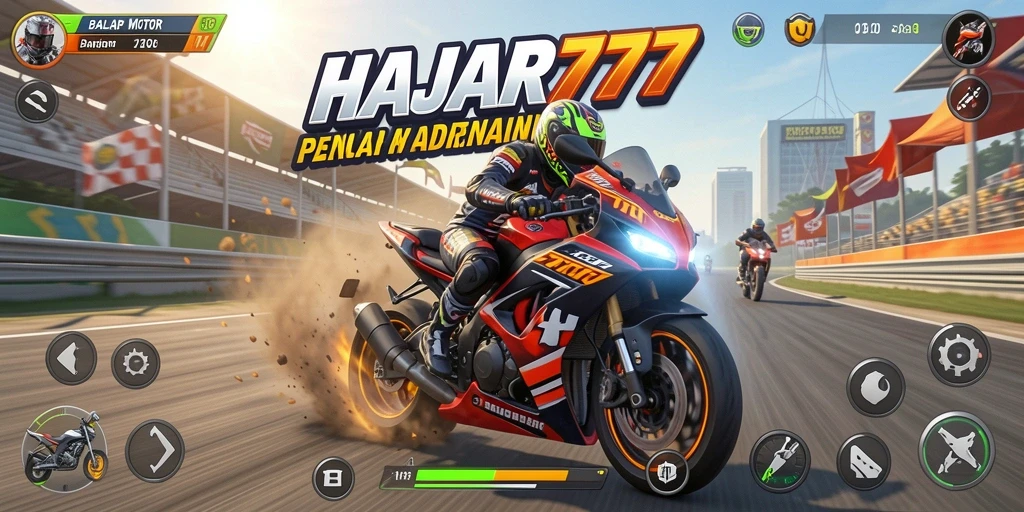 Tampilan gameplay HAJAR777 dengan aksi balap motor yang mendebarkan.