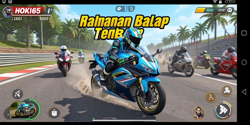 Screenshot gameplay HOKI65 yang menunjukkan aksi balap motor yang intens.