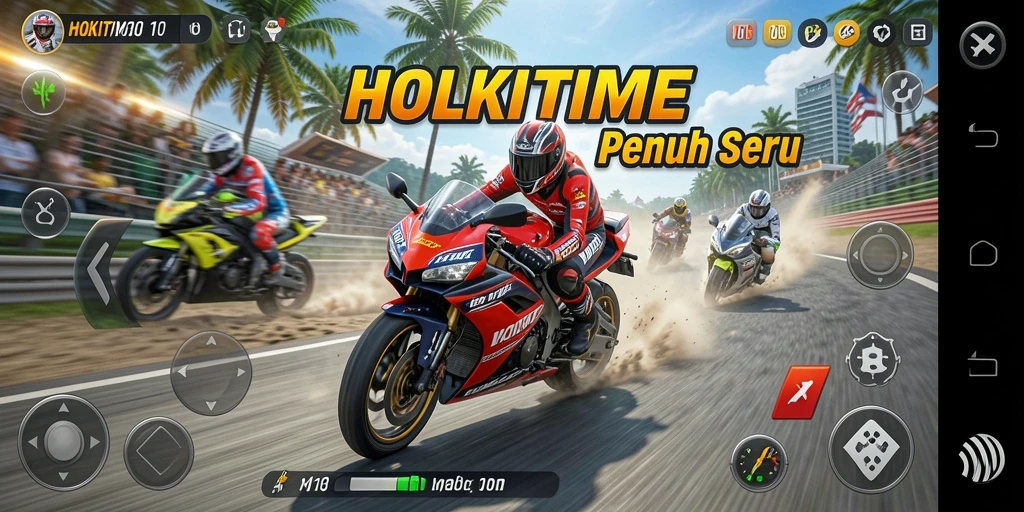 Tampilan gameplay HOKITIME dengan balapan motor yang mendebarkan.