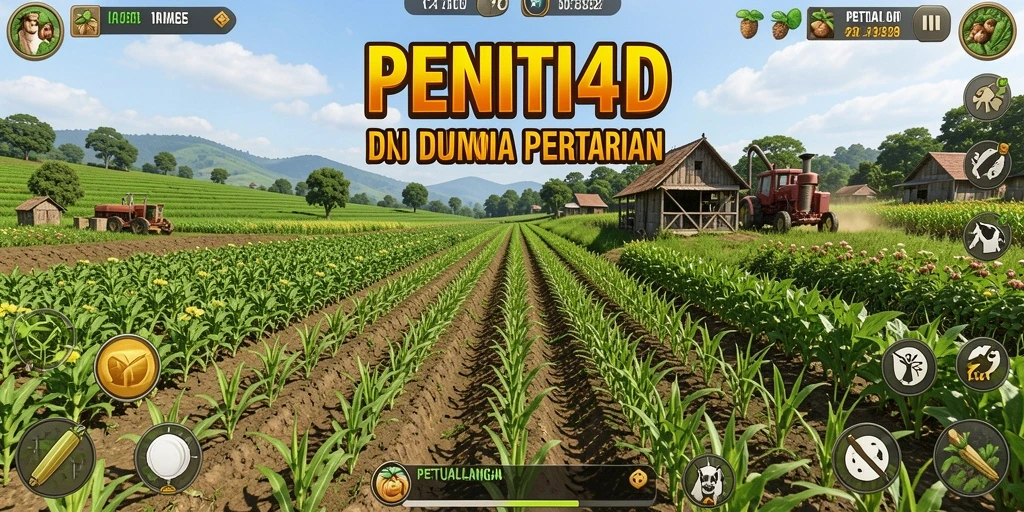 Tampilan gameplay PENITI4D dengan berbagai aktivitas pertanian.