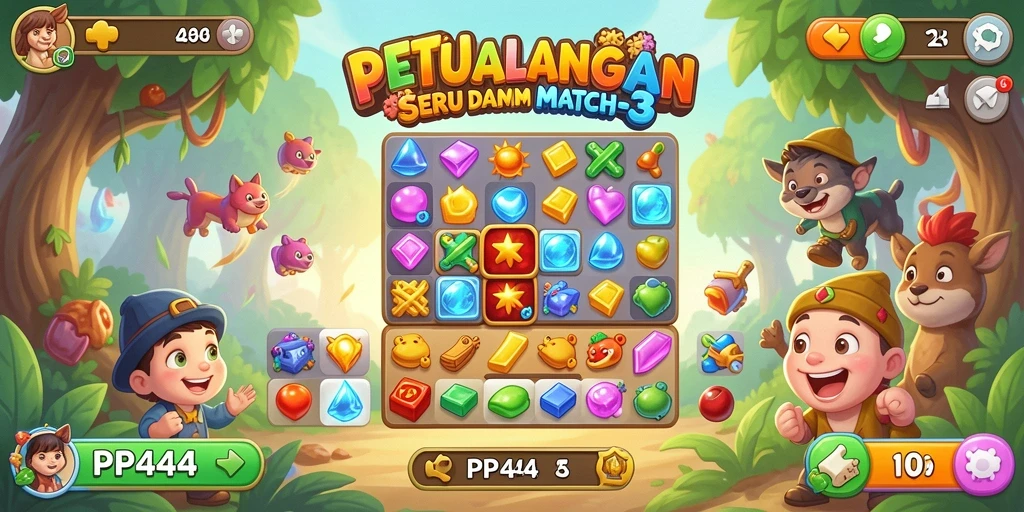 Tampilan seru gameplay PP444 dengan aktivitas mencocokkan objek berwarna.